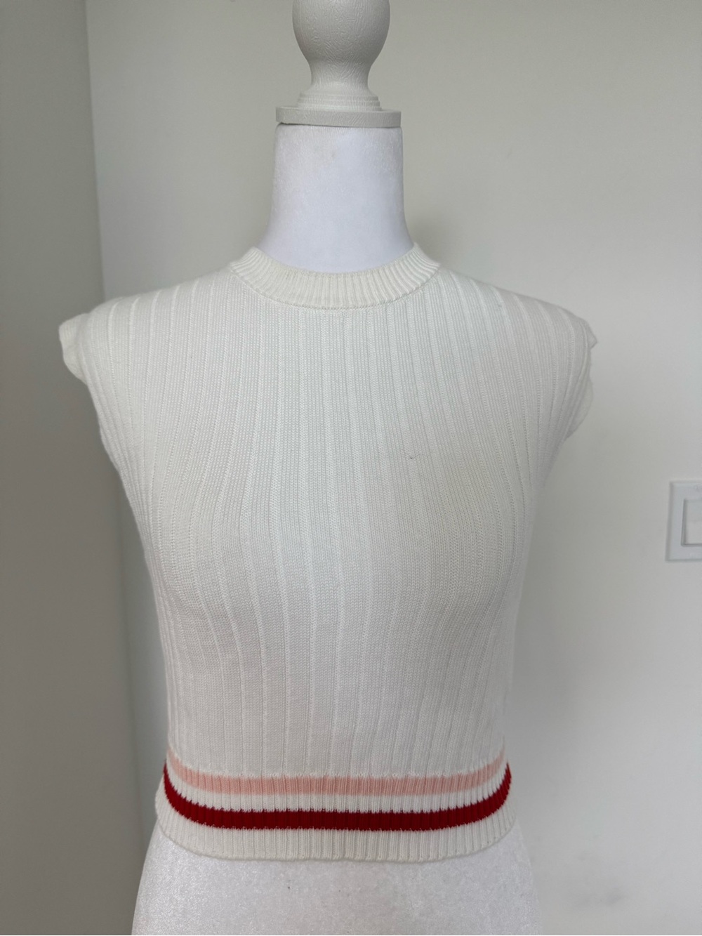 United Colors Of Benetton Cream Ribbed Crop Top with Red & Pink Stripes